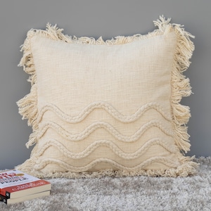 Braided Rope Pillow Cover: Ivory Cotton Cushion with Fringes