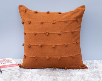 Handmade Rust Cotton Throw Cushion Cover: Woven Loops Pillow Case