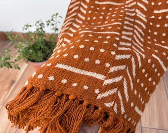 Rust Cotton Throw Blanket: Hand Block Printed Mud Cloth with Tassels