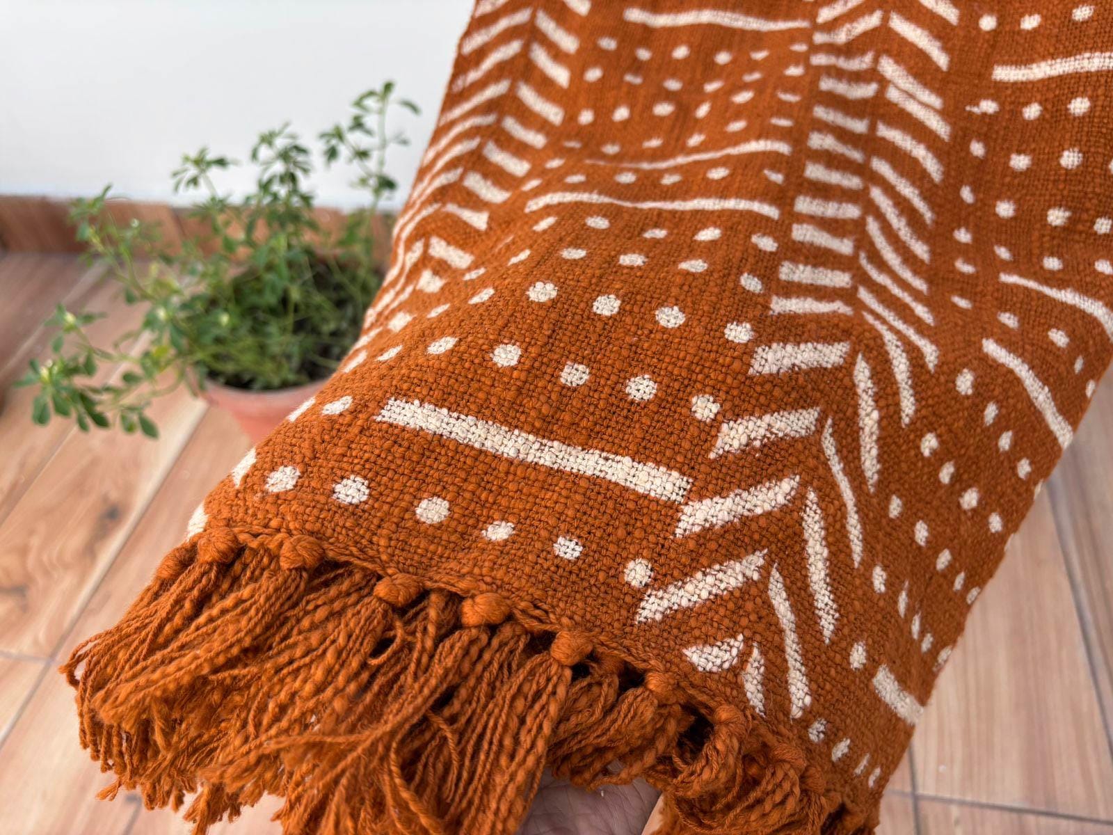 Rust Cotton Throw Blanket: Hand Block Printed Mud Cloth with Tassels