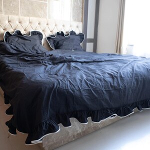 Black Ruffled and Pippin Cotton Duvet Cover with Pillowcases: Hand-Dyed Bedding image 2