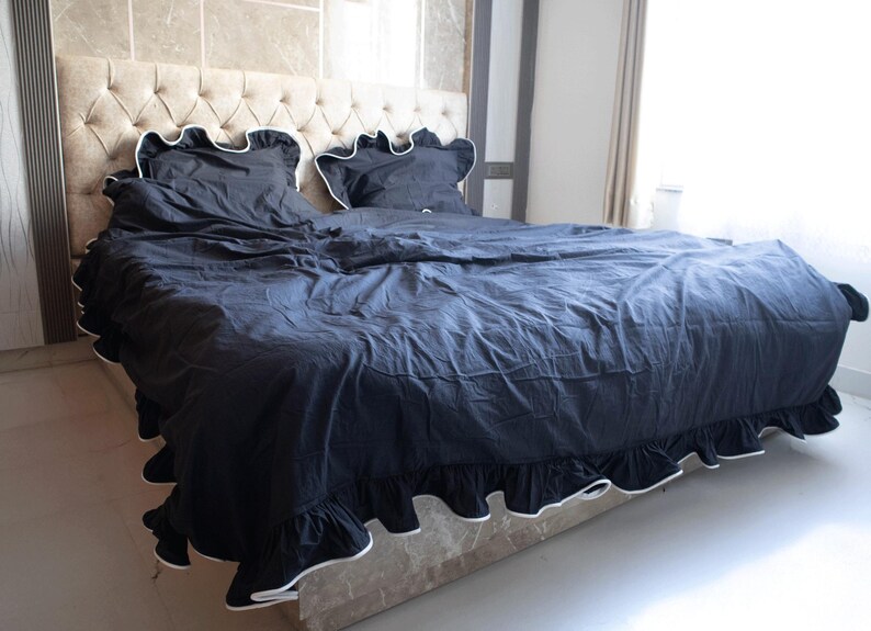Black Ruffled and Pippin Cotton Duvet Cover with Pillowcases: Hand-Dyed Bedding image 2