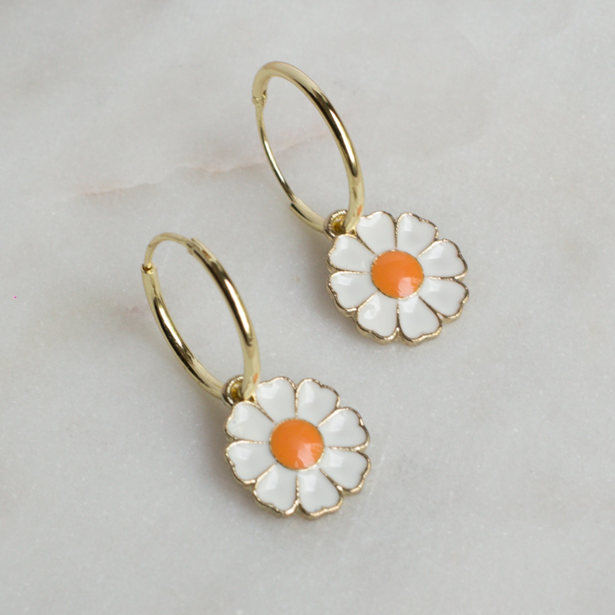 Daisy Huggies Earrings Flower Charm Hoops Earrings Dainty Etsy