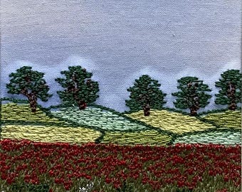 Poppy field landscape embroidered picture