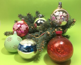 RARE handblown ornaments.Vintage red glass mushroomred teapot sliver and fuchsia lamp ornaments.Shabby decor.Gift for Christmas.From 50/'s.