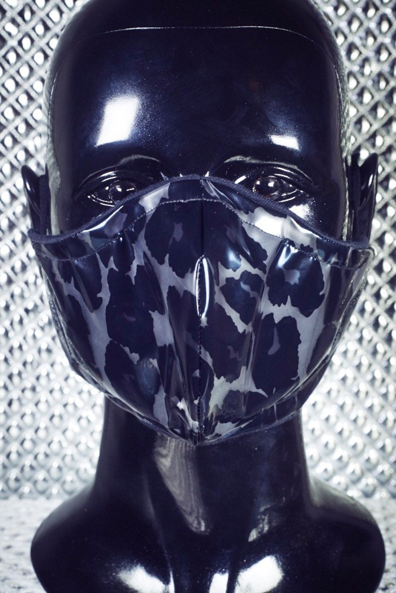 shiny black leopard print pvc 2 layer fitted vinyl face