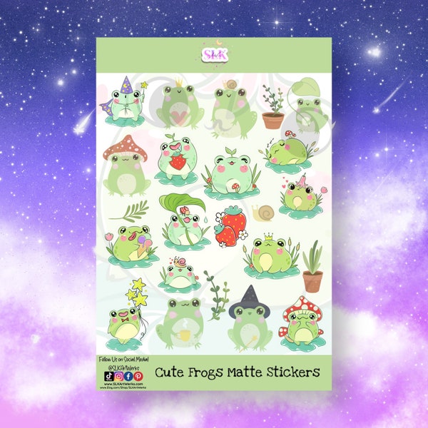 Cute Frogs Sticker Sheet - Durable Waterproof Vinyl Sticker Pack - Notebook Stickers- Small Sticker Pack - Frog Stickers