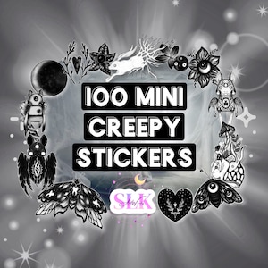 May include: A set of 100 mini creepy stickers featuring various black and white illustrations of creatures, plants, and symbols. The text "100 MINI CREEPY STICKERS" is displayed in bold white letters on a black background.