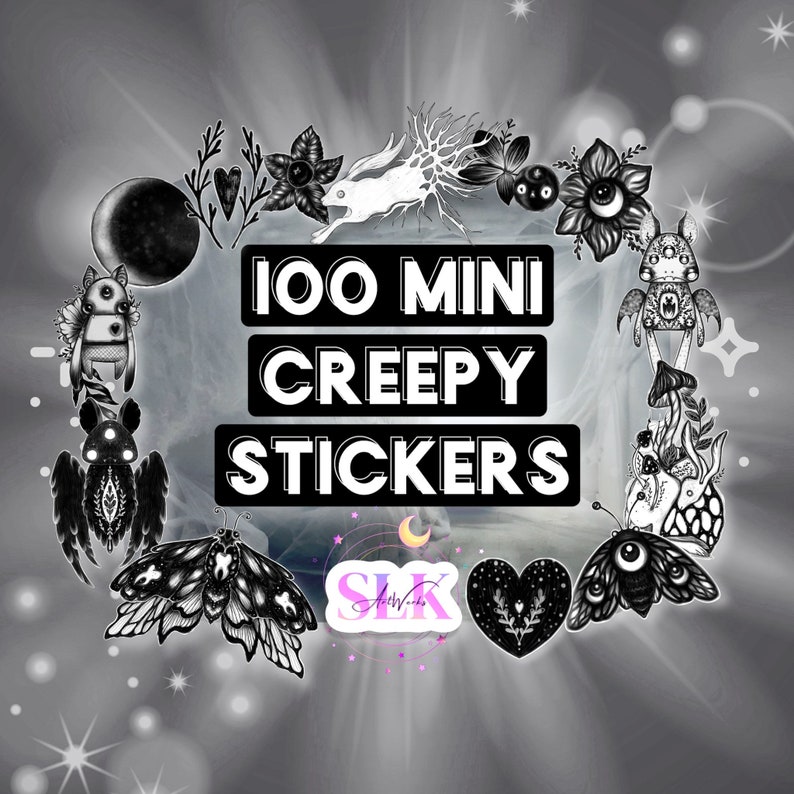 May include: A set of 100 mini creepy stickers featuring various black and white illustrations of creatures, plants, and symbols. The text "100 MINI CREEPY STICKERS" is displayed in bold white letters on a black background.