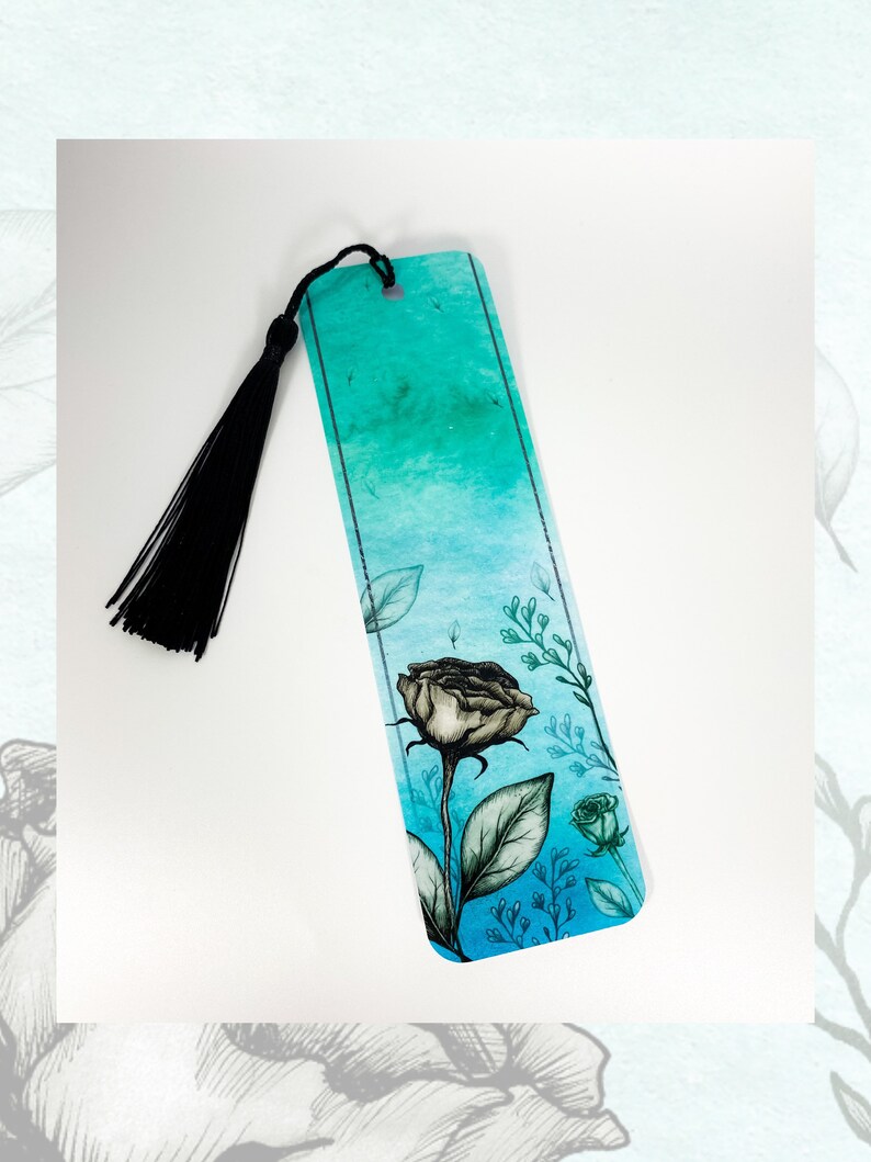 Teal Floral Rose Laminated Bookmark: Bookish Gift - Etsy