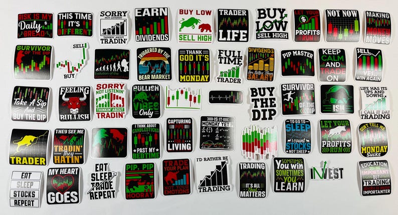 Peut inclure: Une collection de 36 autocollants color&eacute;s avec des citations et des graphismes motivants li&eacute;s au trading et &agrave; l'investissement. Les autocollants pr&eacute;sentent une vari&eacute;t&eacute; de couleurs, notamment le noir, le vert, le rouge et le blanc. Les autocollants sont imprim&eacute;s sur du papier blanc et ont une finition brillante.
