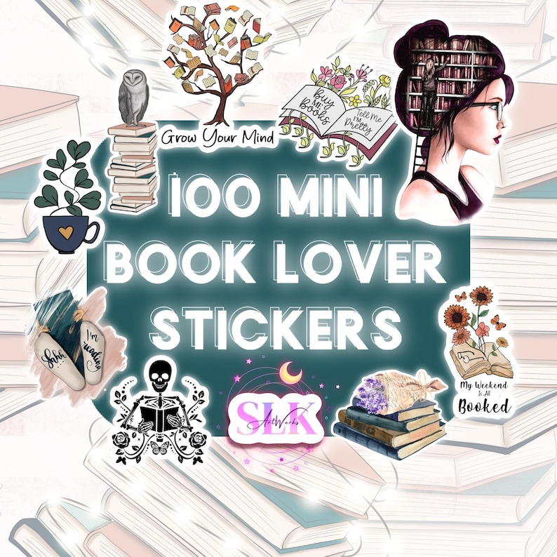 Puede incluir: Un conjunto de 100 mini pegatinas para amantes de los libros. Las pegatinas presentan ilustraciones de libros, b&uacute;hos, arreglos florales y citas como "Grow Your Mind" y "My Weekend is Booked".