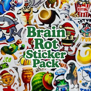 May include: A collection of colorful stickers with various cartoon characters and objects. The stickers include a shark wearing a Santa hat, a coffee cup ninja, and a cow with a pacifier. The text "Brain Rot Sticker Pack" is prominently displayed.