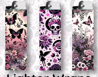 May include: Three different designs for lighter wraps. The designs feature a skull with a flower crown, butterflies, and floral patterns in shades of pink, purple, and black.
