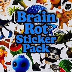 May include: A collection of colorful stickers featuring various cartoon characters and objects. The stickers include a shark wearing sneakers, a ninja coffee cup, and the text "Brain Rot Sticker Pack" in blue.