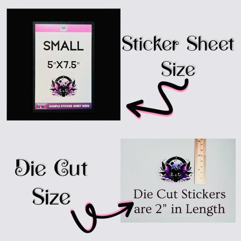 May include: A sticker sheet with a bat design. The sheet measures 5 inches by 7.5 inches. The die-cut stickers are 2 inches long.