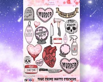 True Crime Sticker Sheet - Durable Waterproof Vinyl Sticker Pack - Notebook Stickers- Small Sticker Pack - Spooky Sticker