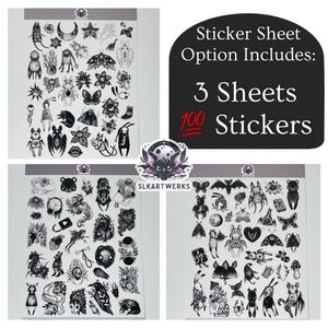 May include: Three sheets of stickers featuring 100 black and white illustrations of various creatures, plants, and symbols. The sticker sheets are on a white background. The text "Sticker Sheet Option Includes: 3 Sheets 100 Stickers" is displayed in black text on a gray background.