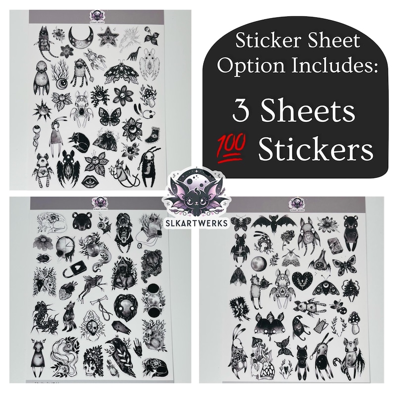May include: Three sheets of stickers featuring 100 black and white illustrations of various creatures, plants, and symbols. The sticker sheets are on a white background. The text "Sticker Sheet Option Includes: 3 Sheets 100 Stickers" is displayed in black text on a gray background.