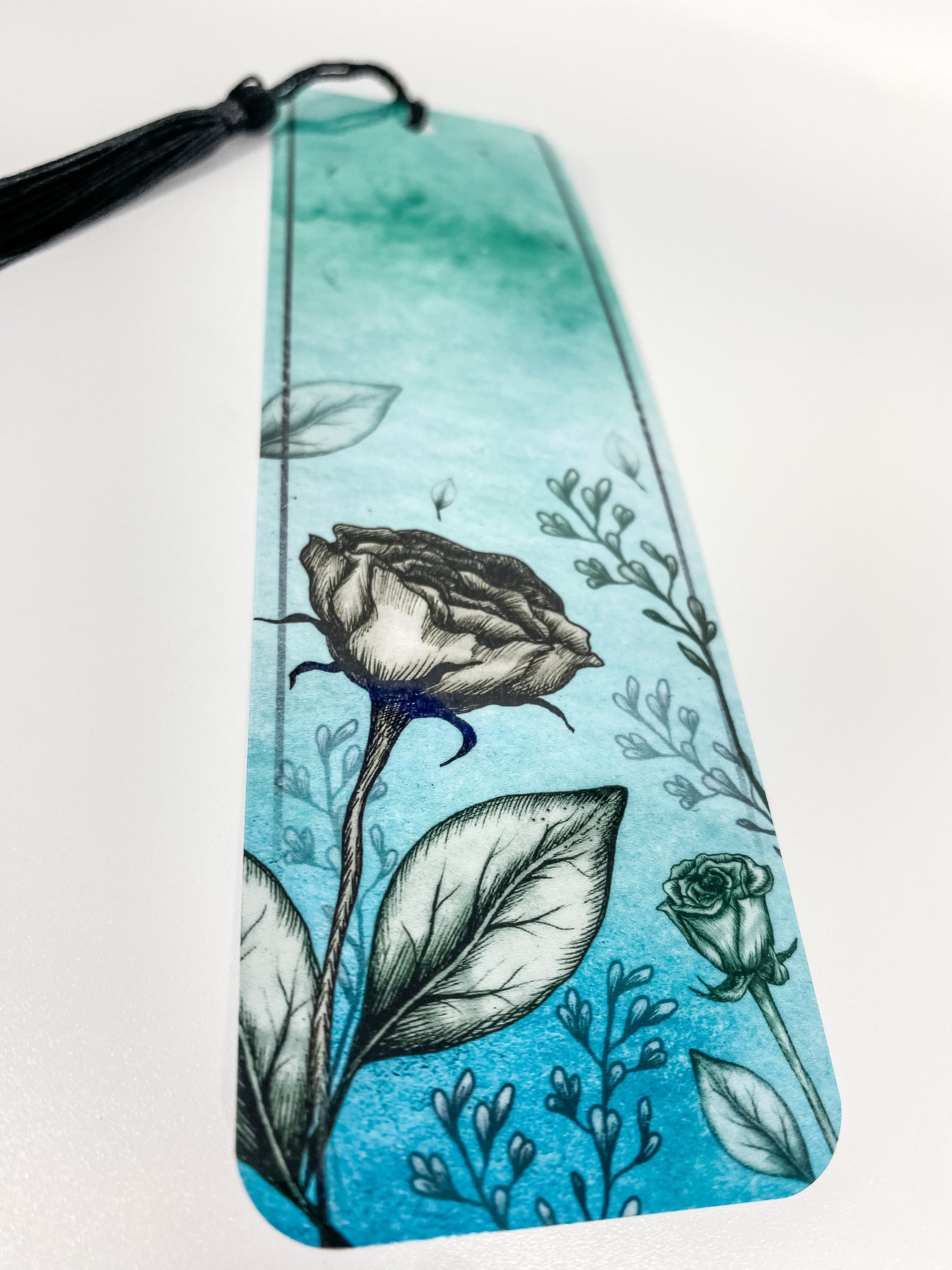 Teal Floral Rose Laminated Bookmark: Bookish Gift - Etsy
