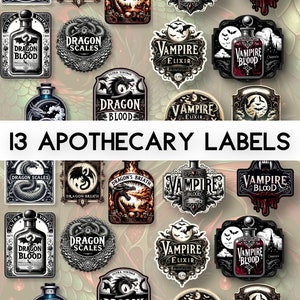 May include: Thirteen vintage apothecary labels with gothic and fantasy themes. The labels feature illustrations of dragons, bats, and other creatures, and text such as "Dragon Blood", "Vampire Elixir", and "Dragon Scales".