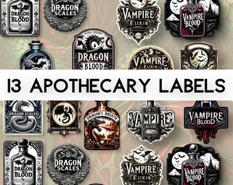 Dragon & Vampire Apothecary Labels: Halloween Potion Bottle Stickers
