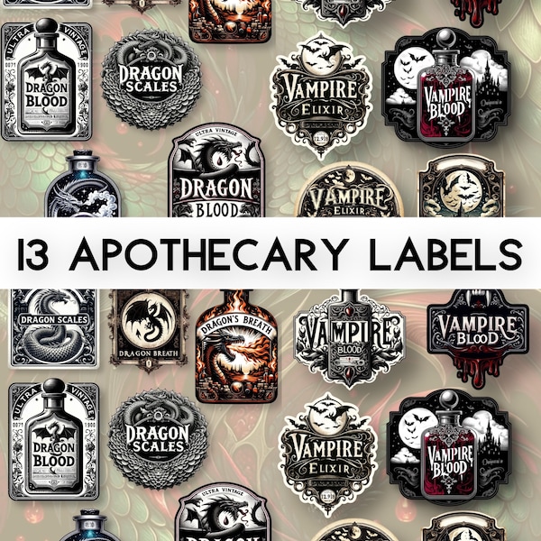 13 Dragon and Vampire Apothecary Labels - Halloween Decor - DIY Potion Bottles - Dragon and Vampire Theme