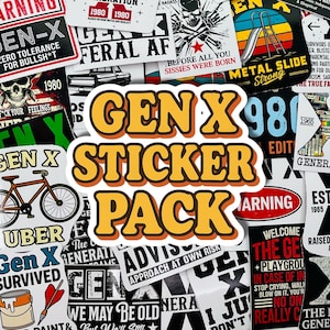 May include: A collection of Gen X themed stickers. The stickers feature various designs, including text, graphics, and the phrase "Gen X Sticker Pack" in a retro font. The stickers are in various colors and sizes.