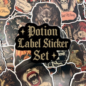 May include: A collection of potion label stickers with gothic and fantasy themes. The stickers feature illustrations of werewolves, bats, and other mystical creatures. The text "Potion Label Sticker Set" is prominently displayed.