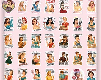 35 Sarcastic Pin Up Stickers | Retro Vintage Vinyl Die Cut Pack (Waterproof)