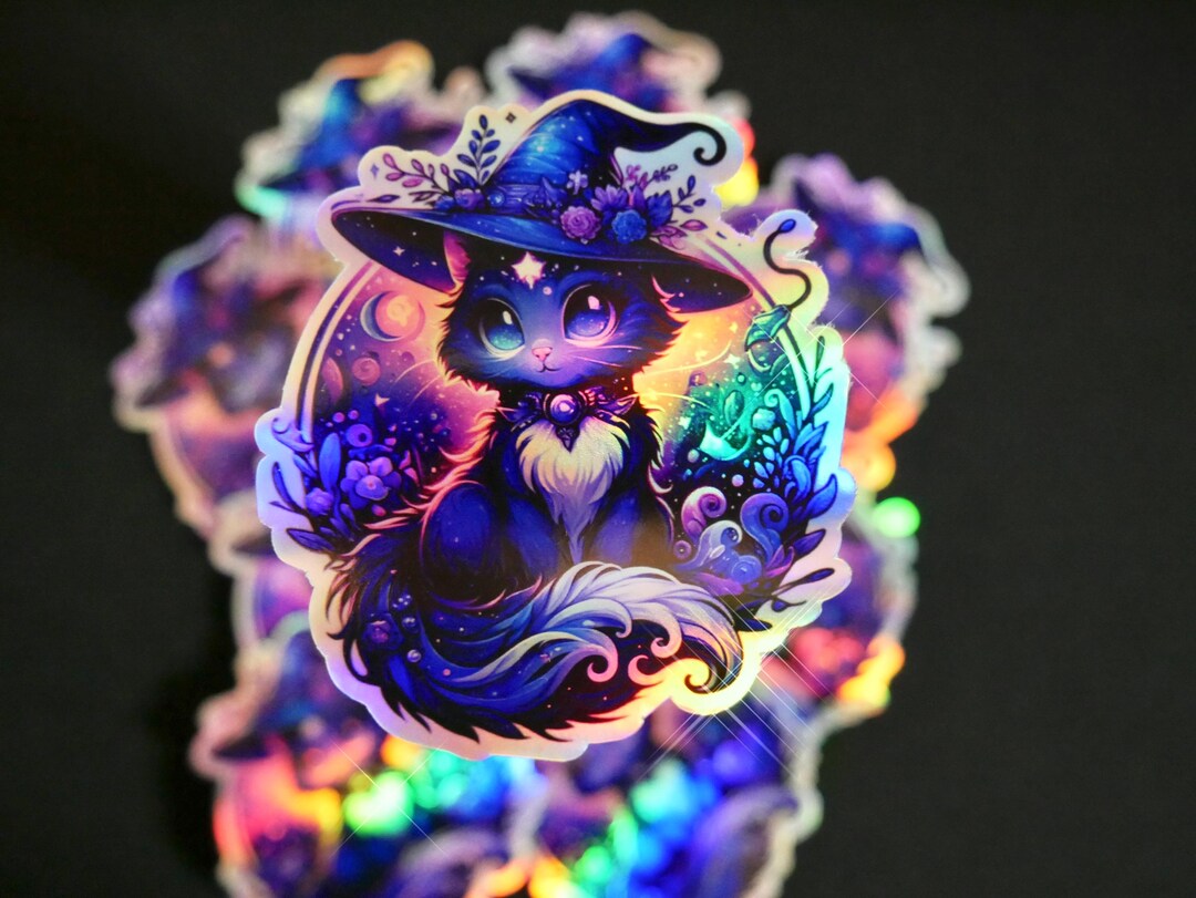 Witchy Cat Holographic Sticker - Spooky Halloween Vinyl Sticker - Etsy