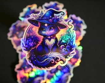 Witchy Cat Holographic Sticker - Spooky Halloween Vinyl Sticker