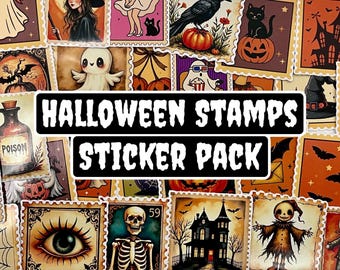 Halloween Stamp Sticker Pack: Vintage Spooky Designs (36 Die Cut Stickers)
