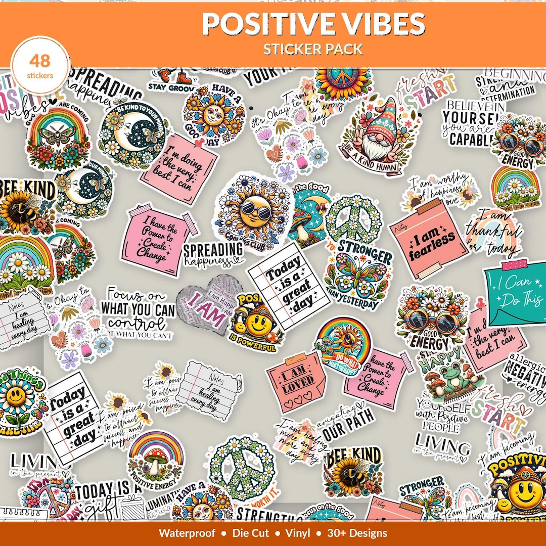 Positive Vibes Sticker Pack | 48 Die Cut Vinyl Stickers | Waterproof ...