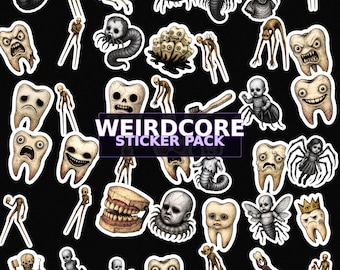 Paquete de pegatinas Weirdcore: 42 pegatinas de vinilo troqueladas / Dientes de terror / Criaturas espeluznantes / Arte oscuro / Resistente al agua