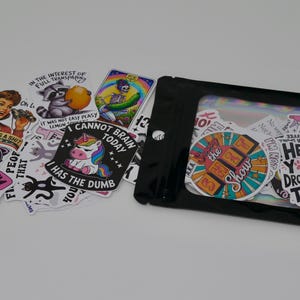 May include: A clear plastic bag filled with a variety of colourful stickers. The stickers feature humorous phrases and illustrations, including a raccoon, a unicorn, and a cat. The text on the stickers includes phrases like "I cannot brain today" and "Hey, you dropped this."