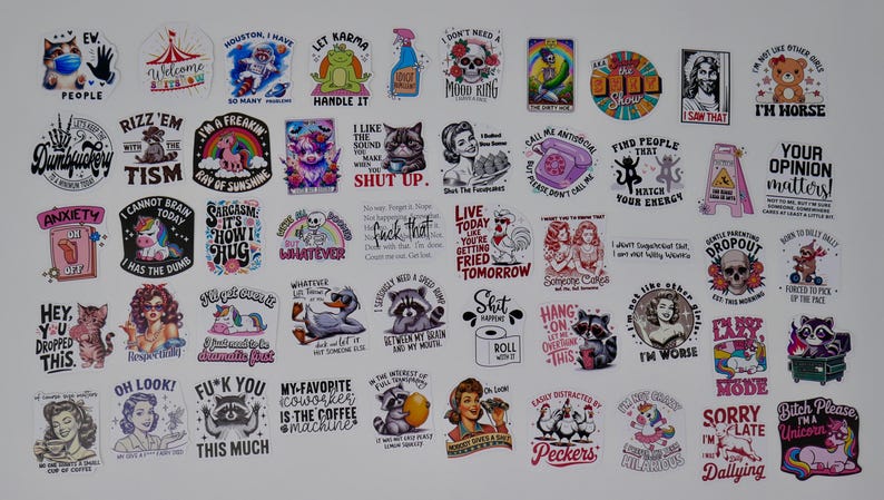 May include: A collection of 40 colourful stickers with humorous and sarcastic sayings. The stickers feature various designs, including animals, cartoon characters, and text-based designs. Some of the sayings include "I'm a Freakin' Day of Sunshine", "I Can't Brain Today", "Find People That Match Your Energy", and "I'm Worse".