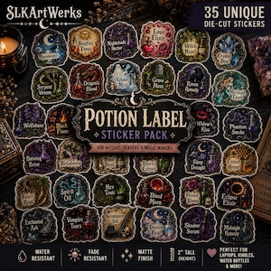 May include: A collection of 35 die-cut stickers labeled Potion Label Sticker Pack, featuring various magical themes like Moonwater, Sunfire Tonic, and Dragon's Blood. Each sticker has a unique illustration and text, with a matte finish and 2-inch height.