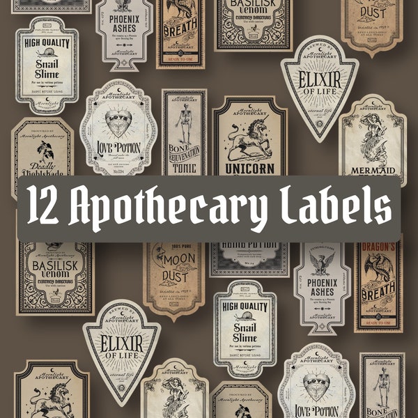 12 Apothecary Labels - Halloween Decor - DIY Potion Bottles