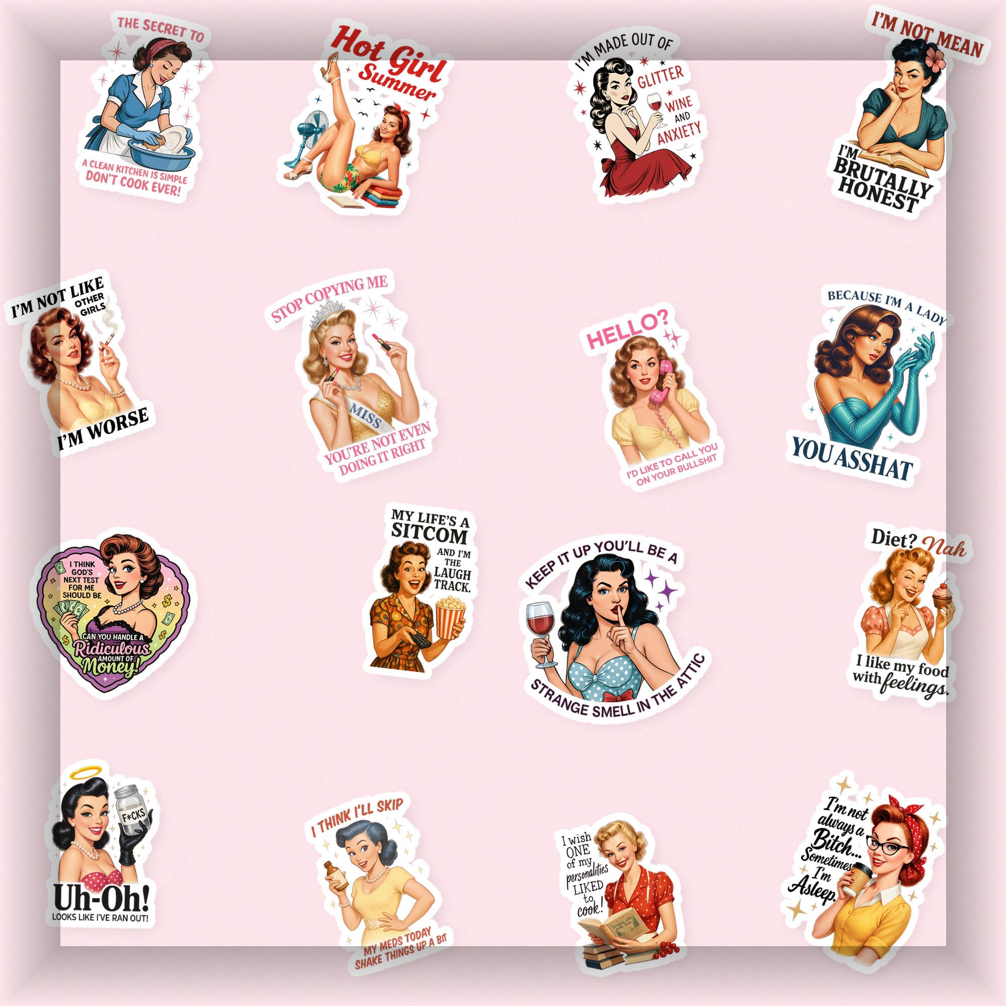 Pin Up Vector Stickers 35 Sarcastic Pin up Stickers | Retro Vintage Vinyl Die Cut Pack ...