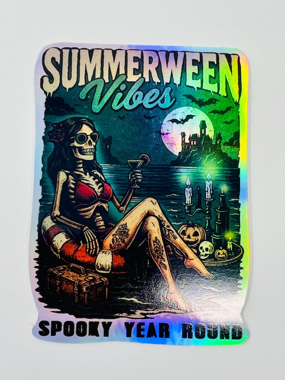 Summerween Vibes Holographic Sticker – Spooky Beach Skeleton Babe – Halloween All Year – Creepy Cute Vinyl Sticker