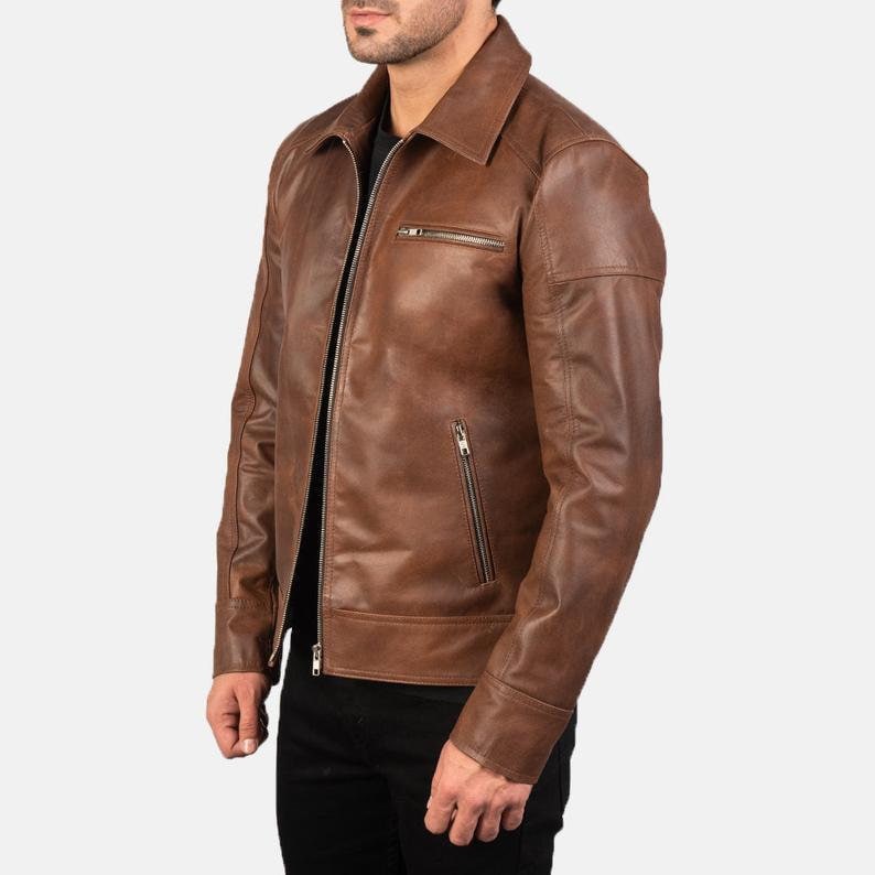 Hand Made Brown Mens Leather Jacket Collar with Unique Style Etsy