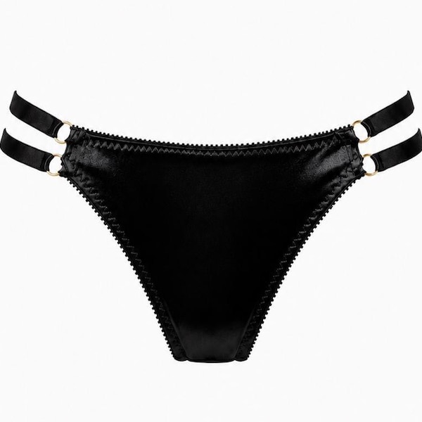 Schwarze Satin Pantie, seitlich verstellbar, schwarze Unterwäsche, Geschenke für Sie