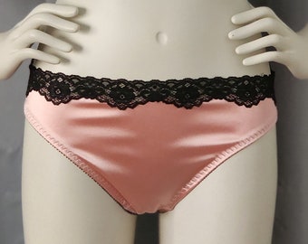 PINK satin panties, black lace trim, bikini brief panties, sexy fit, comfortable