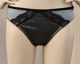 Light teal satin and black lace bikini pantie