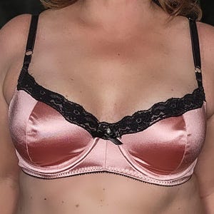 Pink Satin Bra: Black Lace Trim, Full Band Supportive Bra