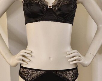 Balconette bra and bikini brief pantie, black and silver lace, black satin bra and pantie