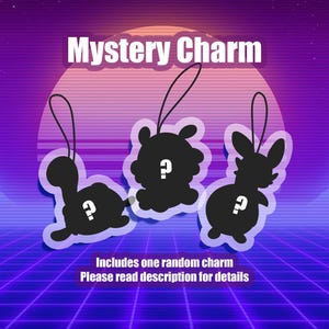 May include: Mystery Charm featuring three silhouette options: a turtle, a round creature, and a bunny. The text "Mystery Charm" is at the top of the image. The text "Includes one random charm" and "Please read description for details" is at the bottom of the image.