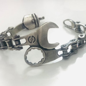 Awesome Customize Bike Chain With Wrench Spanner Men’s 925 Oxidised Matt Finish Bracelet