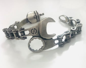 Super Anfertigen Fahrradkette mit Wrench Spanner Herren 925 Armband mit oxidiertem Matt-Finish
